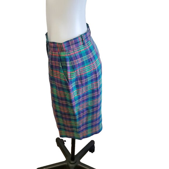 Vintage 90s Talbots Size 14 Linen Green Blue Clueless Preppy Plaid Pencil Skirt - Picture 7 of 12